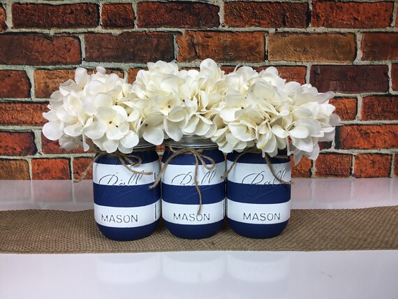 Navy Blue White Nautical Theme Striped Mason Jar Set Baby Shower Decor Sailor Decorations Distressed Mason Jars Nautical Wedding