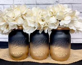 Black and Gold Ombre Mason Jars, Black and Gold Party Decor, Mason Jar Centerpieces, Painted Mason Jars, Wedding Decor, Bridal Shower, Vases