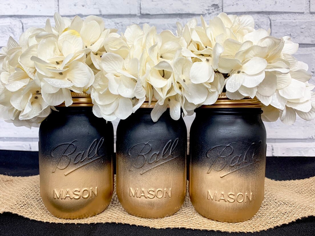 Black And Gold Ombre Mason Jars, Black And Gold Party Decor, Mason.
