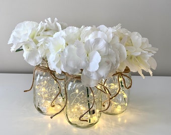 Rustic Mason Jar Wedding Decor with Lights and Flowers - Farmhouse Centerpieces for Tables