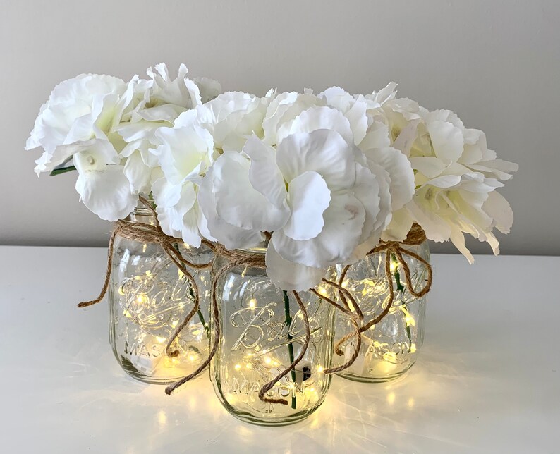 Mason Jars With Lights and Flowers Mason Jar Center Pieces Etsy