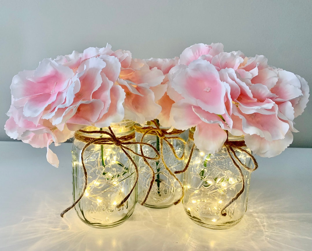Mason Jars With Lights and Flowers, Mason Jar Center Pieces, Mason Jar Wedding Decor, Rustic