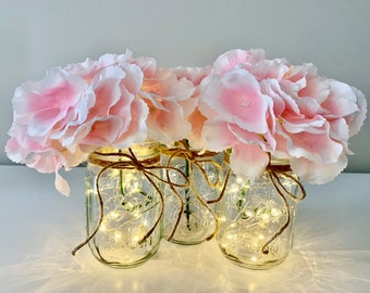 Mason Jars With Lights and Flowers, Mason Jar Center Pieces, Mason Jar Wedding Decor, Rustic Mason Jars, Farmhouse Table Decors