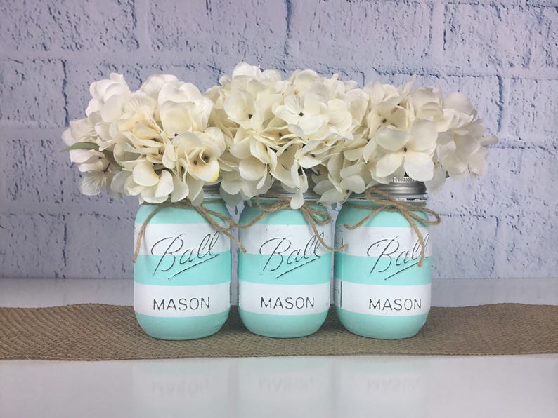 Mint Green Mason Jar Set Striped Mason Jars Mason Jar Decor Etsy