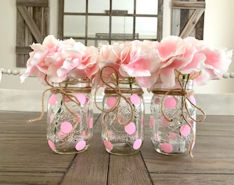 Pink Polka Dot Baby Shower Centerpieces, Mason Jars with lights & Flowers, Baby Shower Mason Jars, Baby Girl Nursery Decor