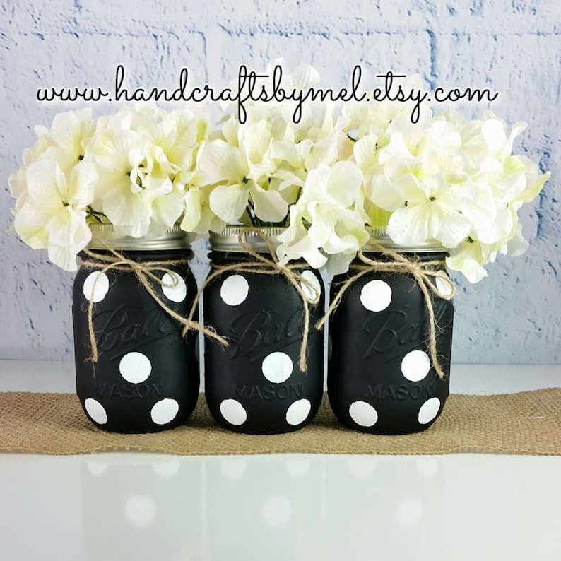 polka dot mason jars black and white polka dot decor black | etsy