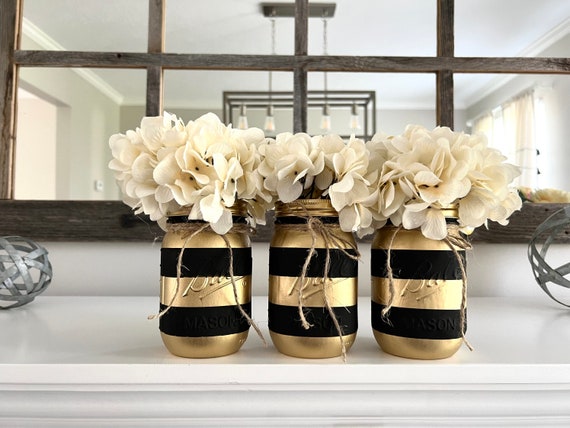 Gold Party Decor, Black and Gold Mason Jar Set, Table Centerpieces,  Graduation Decorations, Wedding Decor, Striped Mason Jars, Gold Stripes 