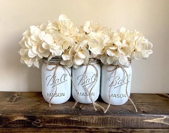 White Mason Jar / Chalk Painted / Glass Bathroom Jar / Kitchen