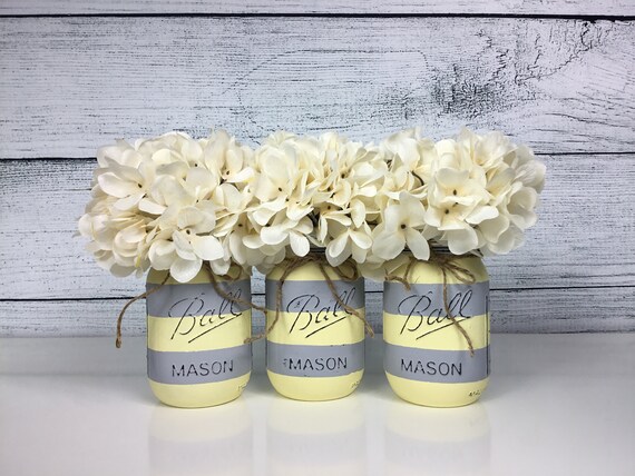 Gray And Yellow Striped Mason Jar Set Baby Shower Etsy