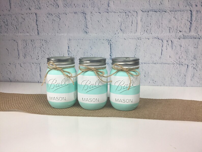 Mint Green Mason Jar Set Striped Mason Jars Mason Jar Decor Etsy