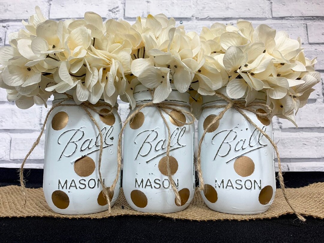 White and Gold Mason Jar Centerpieces Polka Dot Mason Jars Etsy