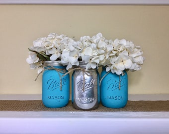 Turquoise Mason Jars, Distressed Mason Jars, Silver and Teal Decor, Wedding Centerpieces, Painted Mason Jars, Bridal Shower, Flower Vases