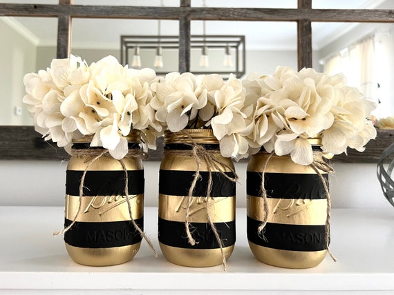 Gold Party Decor, Black and Gold Mason Jar Set, Table Centerpieces,  Graduation Decorations, Wedding Decor, Striped Mason Jars, Gold Stripes 