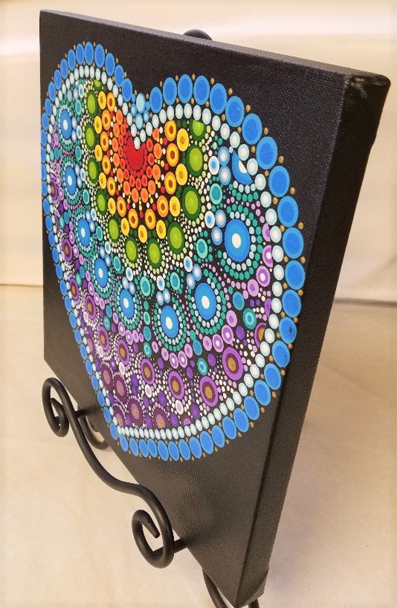 5x7 Hand Painted Rainbow Heart Dot Painting on Canvas