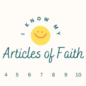 Op de afbeelding: Een afbeelding met een gele smiley die omringd is door de tekst "I KNOW MY" in tealblauw. Onder de smiley staat de tekst "Articles of Faith" in tealblauwe cursieve letters. Daaronder staan de nummers 1 tot en met 13 in tealblauw.