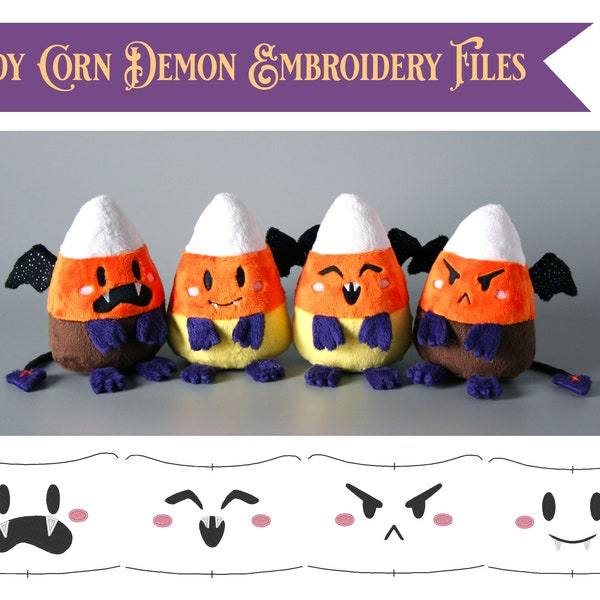 Candy Corn Demon Stuffed Animal Embroidery Files - Embroidery Design Faces Cute Expressions for Doll Making Tutorial Halloween Embroidery