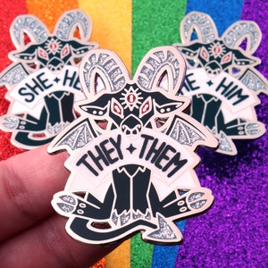 9 Pronouns Pride Demons Hard Enamel Pins / Rainbow Glitter LGBTQ Pin / Gothic Goat Trans Non Binary Pride Pin / They Them She Her He Him