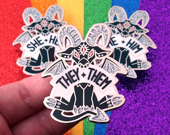 9 Pronouns Pride Demons Hard Enamel Pins / Rainbow Glitter LGBTQ Pin / Gothic Goat Trans Non Binary Pride Pin / They Them She Her He Him