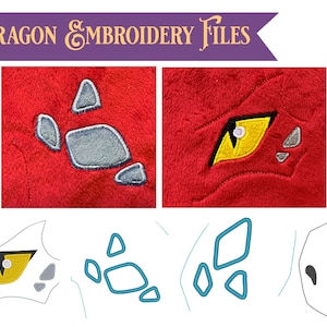 May include: Embroidery design files for a dragon eye and scales. The design includes a yellow eye with a black pupil, and gray scales. The design is shown on a red fabric background.