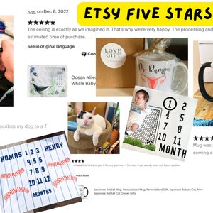 May include: A collage of images featuring various mugs with different designs. The mugs feature a variety of designs, including a dog, a cat, a uterus, a graduation cap, and a bible. The mugs are all white with black handles and black rims. The images are accompanied by five-star reviews and text that describes the mugs.