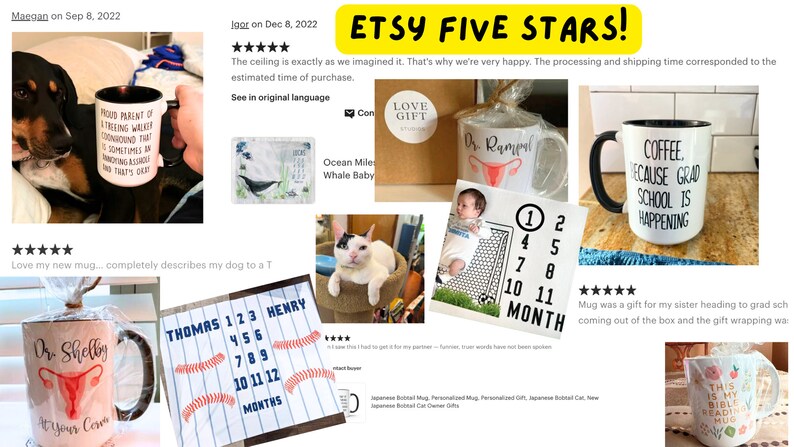 May include: A collage of images featuring various mugs with different designs. The mugs feature a variety of designs, including a dog, a cat, a uterus, a graduation cap, and a bible. The mugs are all white with black handles and black rims. The images are accompanied by five-star reviews and text that describes the mugs.