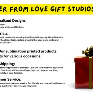 May include: A red gift box with a gold ribbon and a black bow. The text "WHY ORDER FROM LOVE GIFT STUDIOS?" is at the top of the image. The text below the image describes the benefits of ordering from Love Gift Studios, including unique and personalized designs, high-quality materials, thoughtful gifts, fast and reliable shipping, and exceptional customer service.
