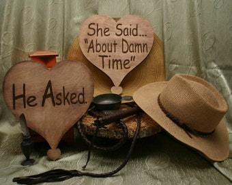 He Asked..She Said About Damn Time Set of 2 Rustic Style Wood Heart Engagement Party Photo Props,He Asked She Said About Damn Time Photoprop