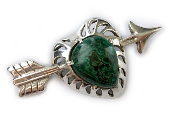 Sterling & Malachite Heart with Arrow Brooch: Mexi