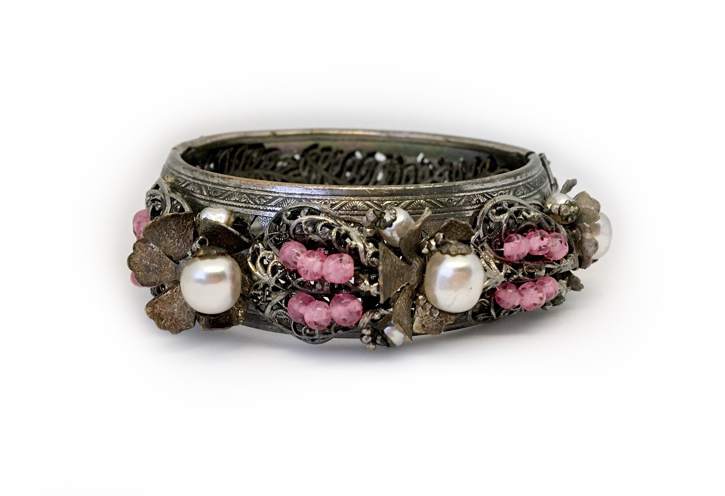 Haskell Floral Bangle Bracelet with Faux Baroque Pearls & Pink Art