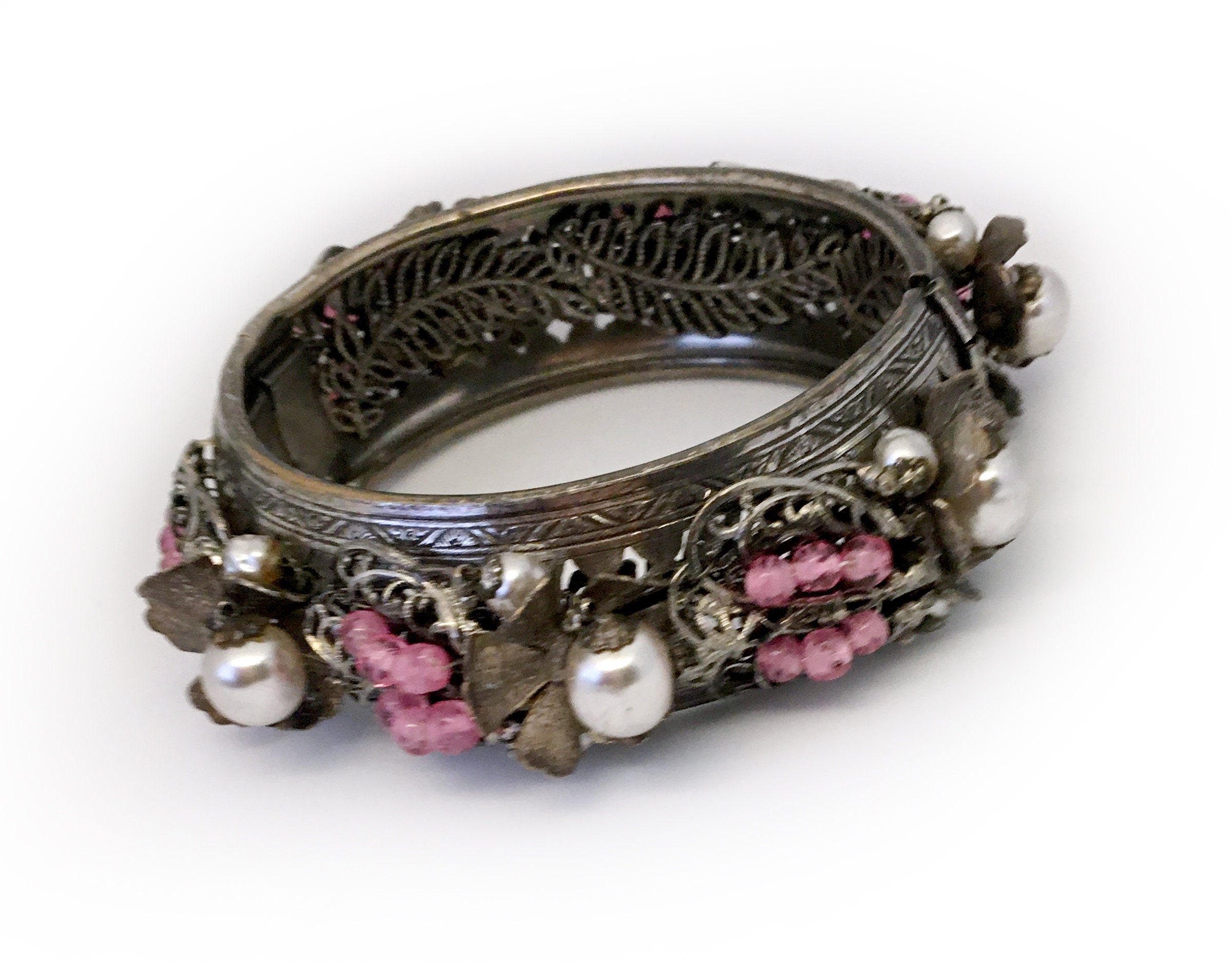Haskell Floral Bangle Bracelet with Faux Baroque Pearls & Pink Art