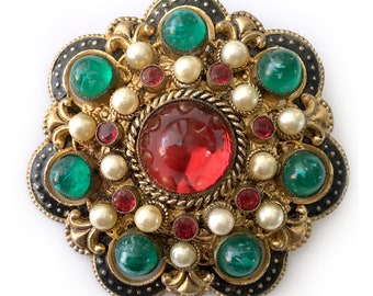 Austro-Hungarian Style Brooch with Faux Ruby and Emerald Cabochons, Pearls: Czechoslovakia