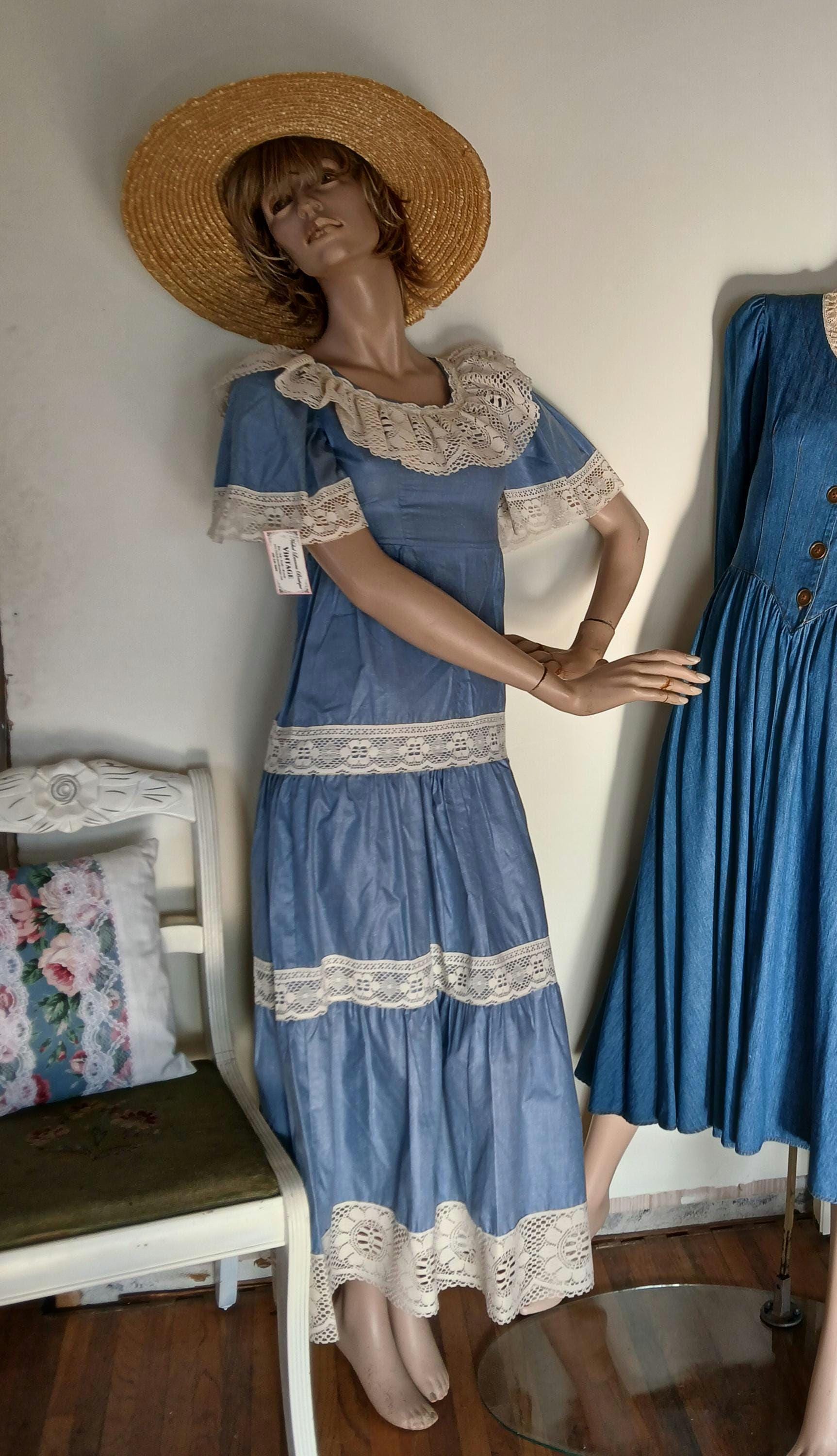 Vintage Gunne Sax Style Blue Prairie Dress, Long Classic 70s