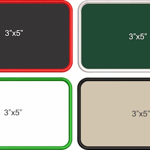 May include: Four rectangular patches with rounded corners, each measuring 3"x5". The top left patch is black with a red border, the top right is dark green with a white border, the bottom left is white with a green border, and the bottom right is beige with a black border.