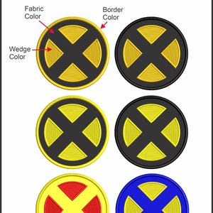 May include: Six circular embroidered patches, each 3 inches in diameter, featuring an X-shaped design with four wedge sections. The text reads 3” Circle Iron on or Velcro Backing Any Color Combination, with arrows pointing to fabric, border, and wedge.