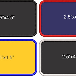 May include: Four rectangular embroidered patches with rounded corners, each measuring 2.5 inches by 4.5 inches. The top left is black with a black border, top right is navy with a red border, bottom left is yellow with a blue border, and bottom right is black with a white border.