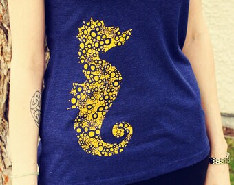 Seahorse, Screen Printed, Women's Navy Triblend Deep V-Neck T-Shirt