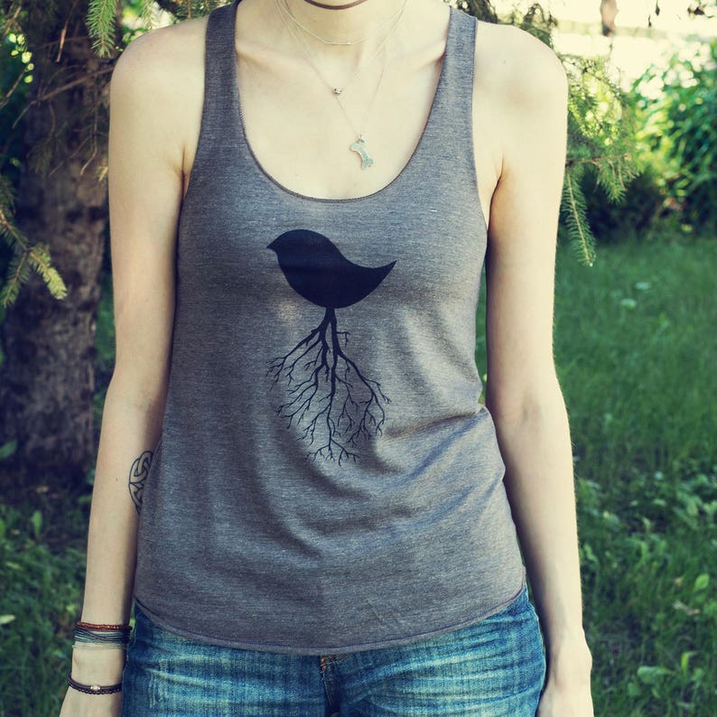 Women's Bird Tree Branches, Screen Printed, Women's Tri-Blend Racerback Tank Top, Coffee image 1