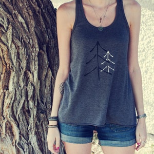 Simple Trees, Screen Printed, Women's Dark Grey Heather Racerbank Tank Top