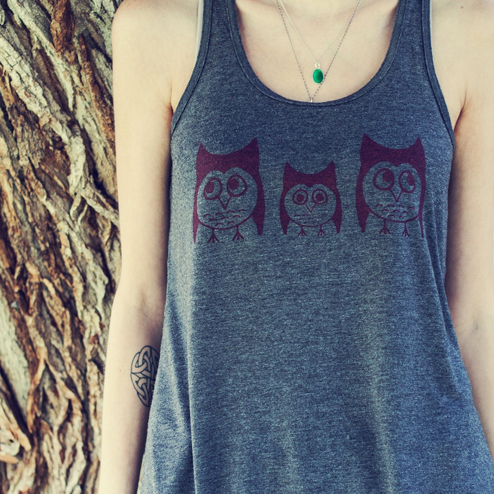 Three Owls, Screen Printed, Women's Dark Grey Heather Racerbank Tank Top