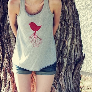 Bird Tree Branches, Screen Printed, Women&#39;s Athletic Heather Grey Racerbank Tank Top