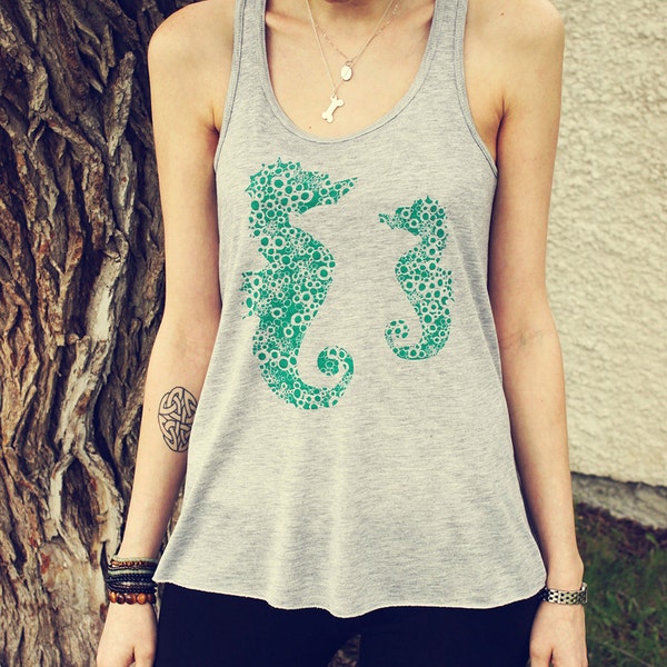 Two Seahorse Bubbles, Screen Printed, Women's Athletic Heather Grey Racerbank Tank Top