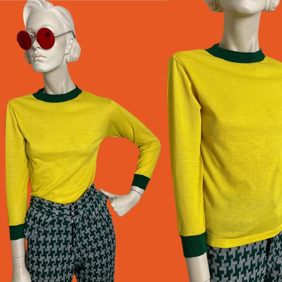 Vintage 1970s yellow and green long sleeve ringer… - image 1