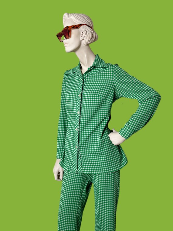 1970s /1960s MOD leisure suit// green gingham two… - image 4