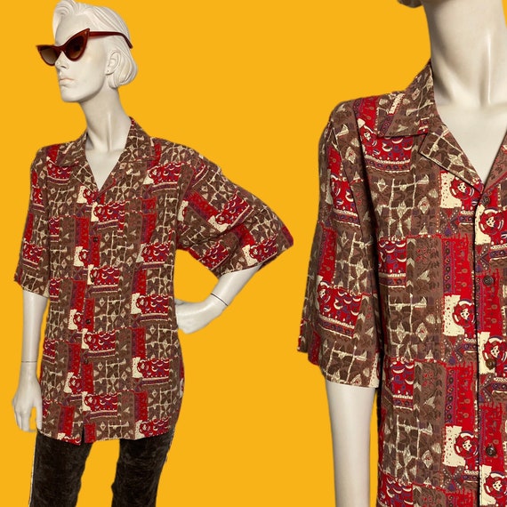 1960s 1970s Tiki Hawaiian Shirt//unisex oversized… - image 1