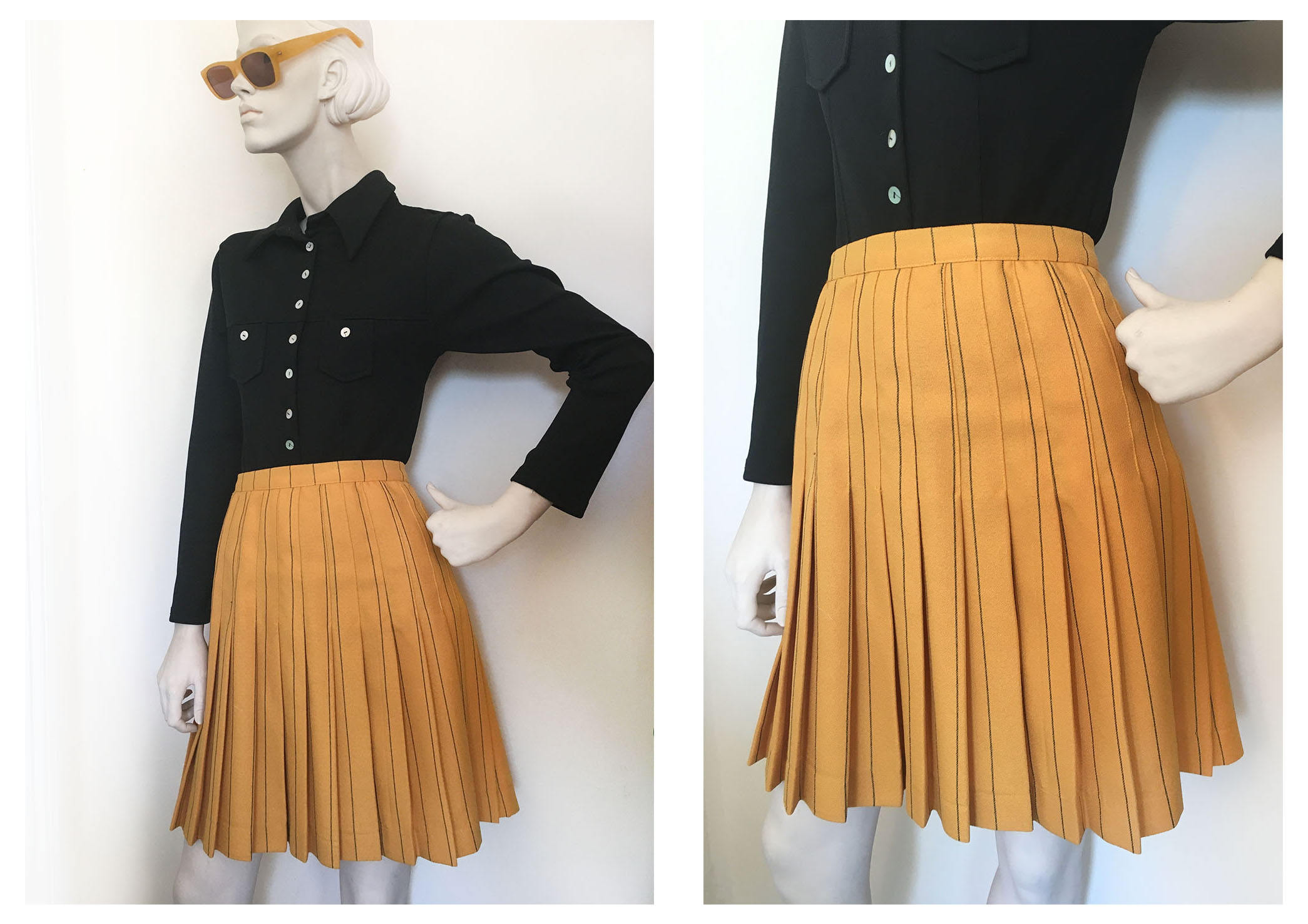 Mustard pleated mini skirt // Pin striped 1980s mini skirt // New wave