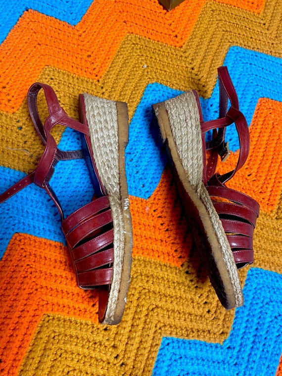 1960s red Leather wedges // red sandals with hemp… - image 5