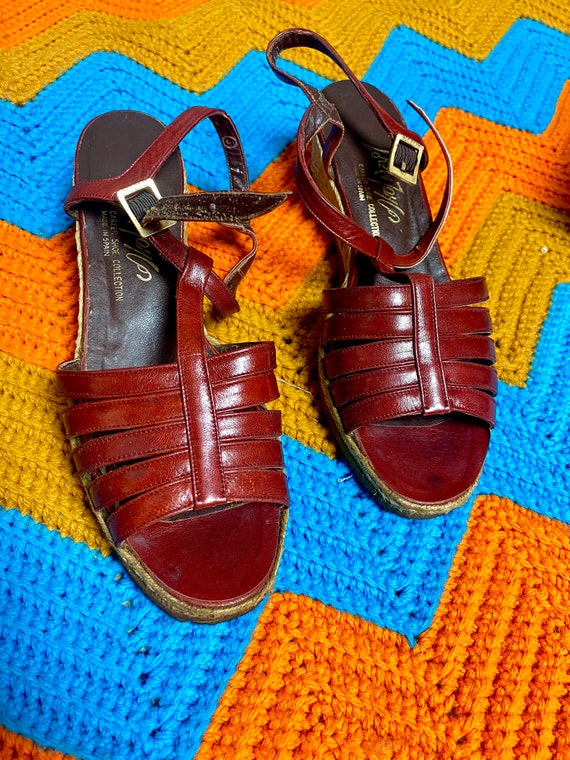 1960s red Leather wedges // red sandals with hemp… - image 2