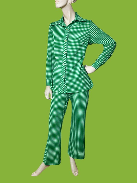 1970s /1960s MOD leisure suit// green gingham two… - image 3