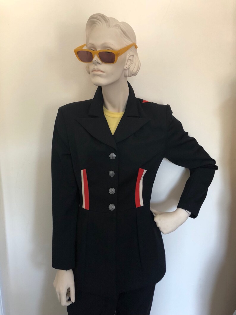 Military style blazer and pant set size S Late 70s structured military style suit with peg leg pants and orange and white striped detailing