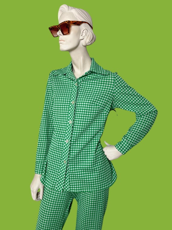 1970s /1960s MOD leisure suit// green gingham two… - image 5